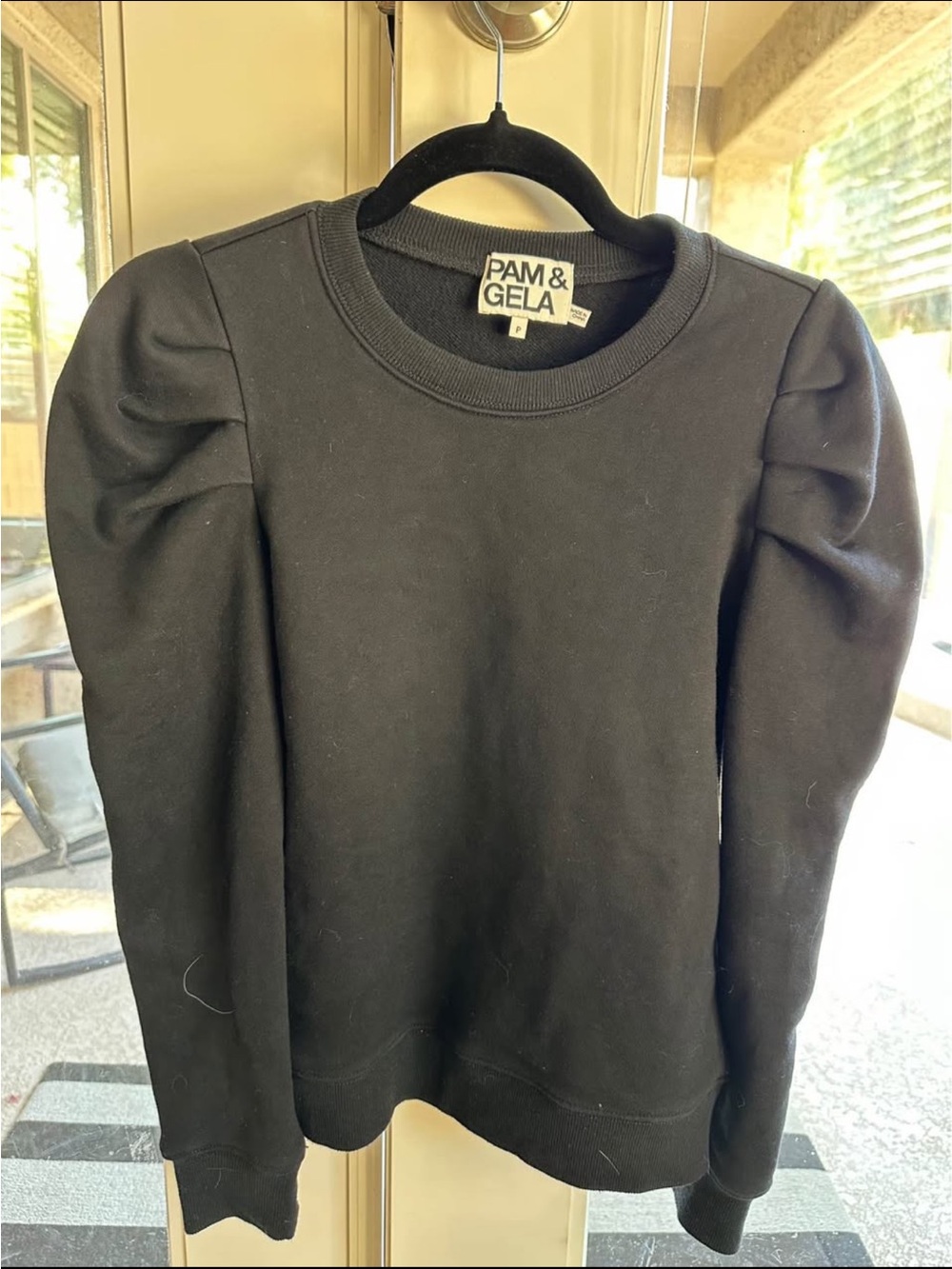 Pam & Gela Black Puff-Sleeve Crew Sweatshirt